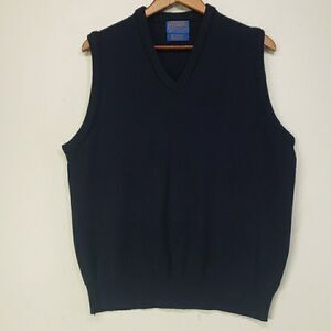 Pendleton Vest Mens Large L Navy Blue 100% Lambswool V-Neck Sweater Knit USA
